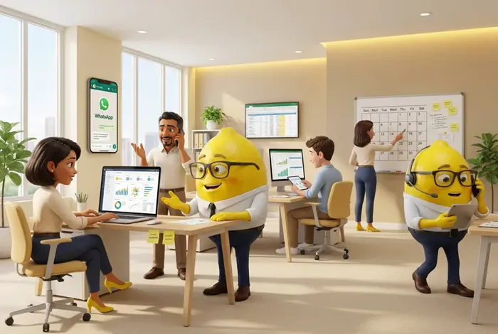Equipo humano y agentes Lelemon trabajando juntos